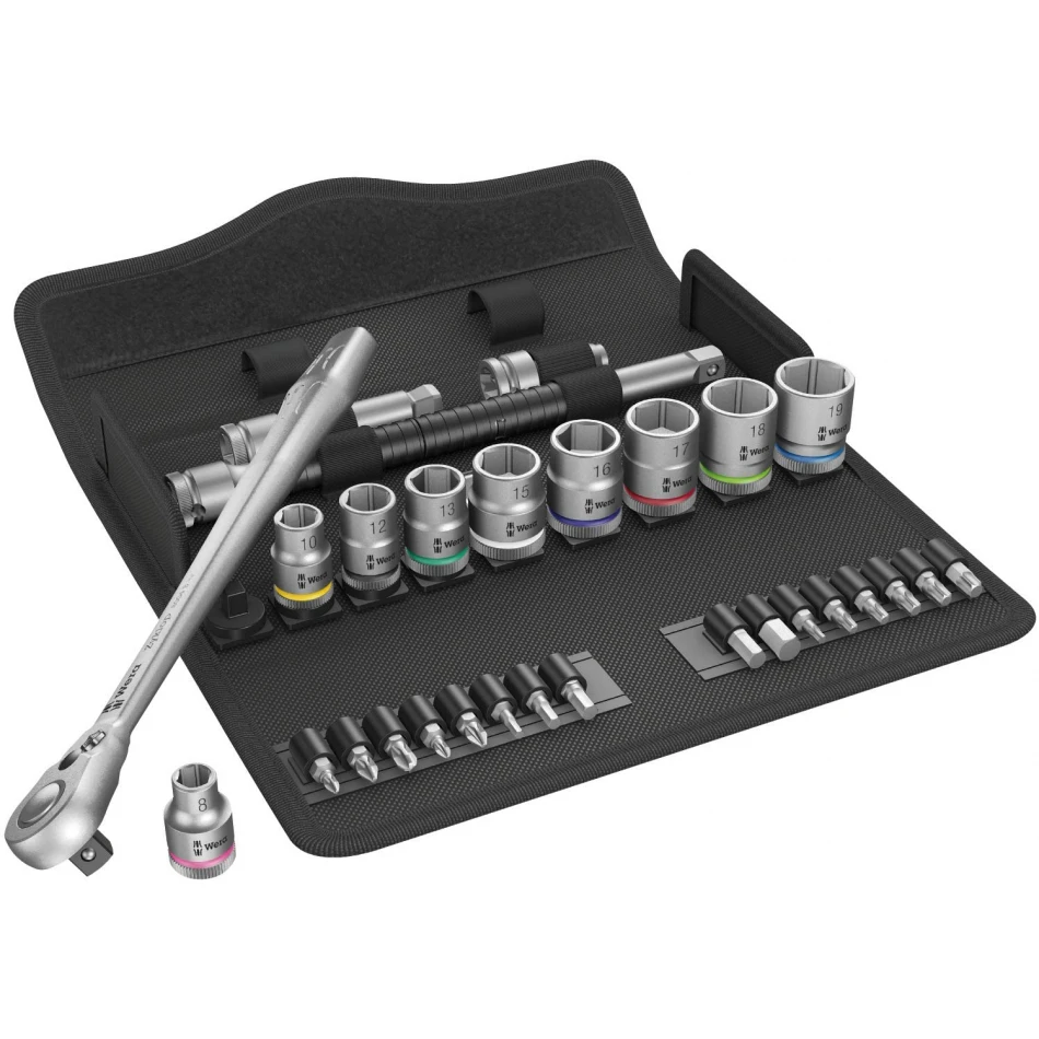 Комплект 29 броя Wera 8100 SB 8 Zyklop Metal тресчотка, адаптор, вложки и накрайници на 3/8" Комплект 29 броя Wera 8100 SB 8 Zyklop Metal тресчотка, адаптор, вложки и накрайници на 3/8"