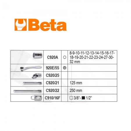 Комплект BETA 923E/C25 тресчотка и аксосоари на 1/2" - 25 части Комплект BETA 923E/C25 тресчотка и аксосоари на 1/2" - 25 части