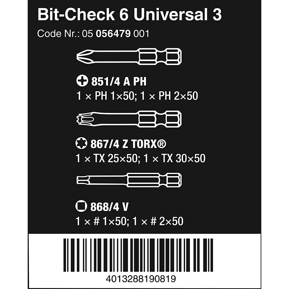 Комплект Wera Bit-Check 6 Universal 3 - 6 бр накрайници Комплект Wera Bit-Check 6 Universal 3 - 6 бр накрайници
