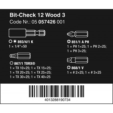 Комплект Wera Bit-Check 12 Wood 3 - 12 бр.  накрайници с държач