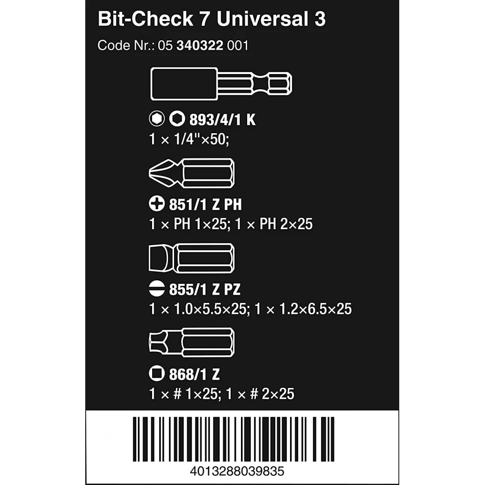 Комплект WERA BIT-CHECK 7 UNIVERSAL3 - 6 бр. накрайници с държач Комплект WERA BIT-CHECK 7 UNIVERSAL3 - 6 бр. накрайници с държач