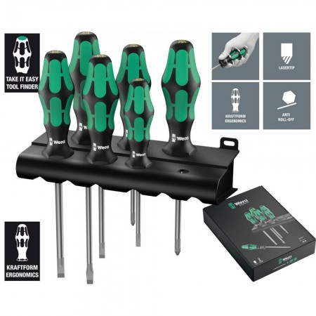 Комплект 6 бр. отвертки Wera Kraftform 334/355/6  Комплект 6 бр. отвертки Wera Kraftform 334/355/6